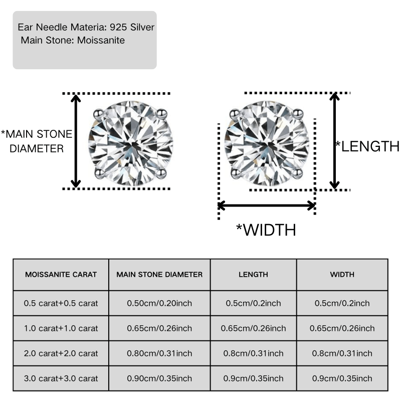 1Pair 0.5/1.0/2.0/3.0 Carat Classic Moissanite Earrings